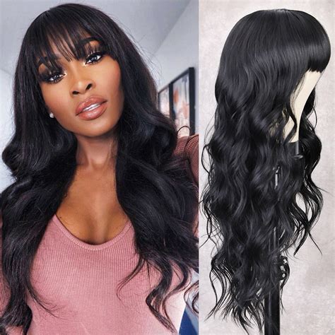 Black Wavy Synthetic Wigs For Women With Bangs Heat Resistant Etsy
