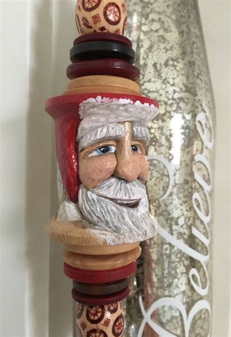 Hand Carved Santa Wood Spirit Spool Ornament Wooden Spools Thread