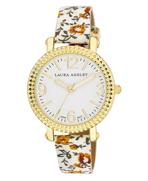 Laura Ashley Womens White Floral Band Fluted Bezel Watch And Reviews