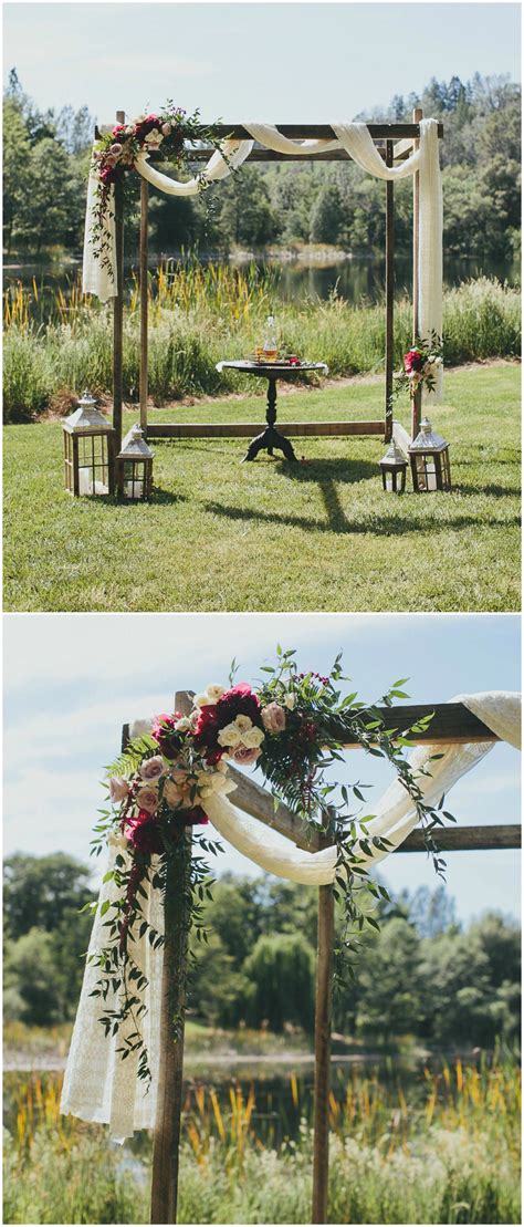 Order your diy wedding flowers at www.flowermoxie.com! Wooden wedding arbor, draped white fabric, white and red ...