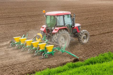 Farmer Seeding Sowing Crops At Field Stock Image Image Of Machine