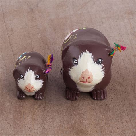 Two Ceramic Guinea Pig Figurines In Chestnut From Peru Guinea Pig