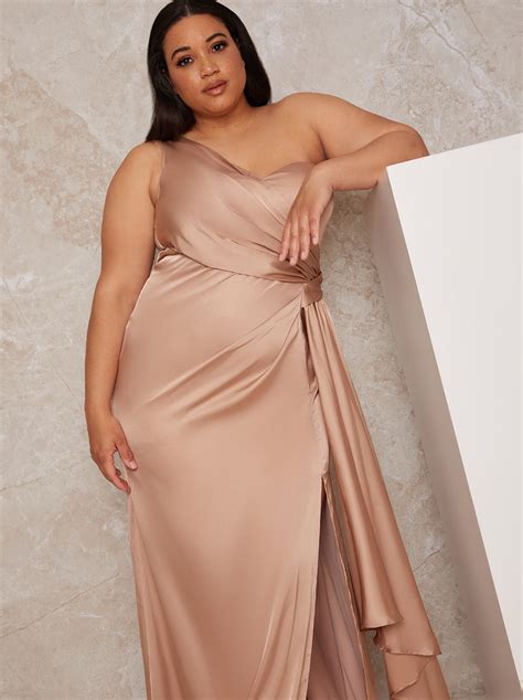Plus Size One Shoulder Satin Finish Maxi Dress In Champagne Chi Chi