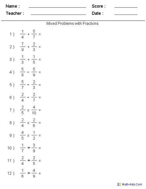 Add Subtract Multiply And Divide Fractions Worksheet