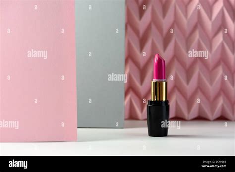 Lipstick On Raised Pink Chevron Product And Make Up Concept Stock