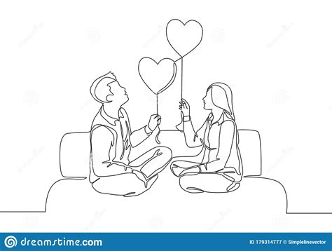 One Continuous Line Drawing Of Young Happy Man And Woman Couple Sitting