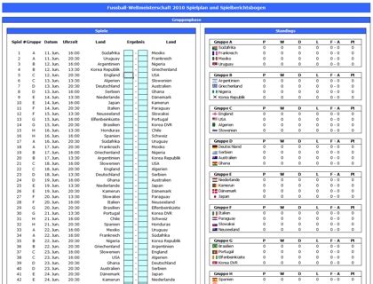 Jeder spieltag ist auf einem neuen tabellenblatt. Spielplan der Fussball-WM 2010 als Excel-Tabelle