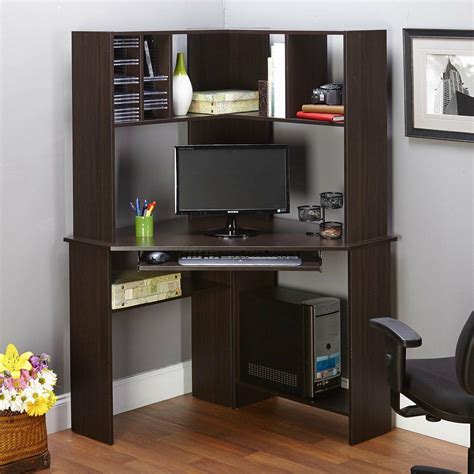 Compact small computer table wooden desk keyboard tray storage shelf corner. Corner Computer Desks For Home Office Dorm Small