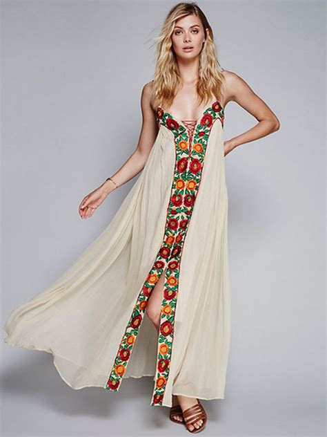 Chiffon Maxi Dress Ecru White Spaghetti Straps Flowers Embroidered Womens Summer Beach Long