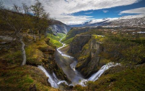 Nature Landscape Waterfall Canyon River Norway Trees Mountain