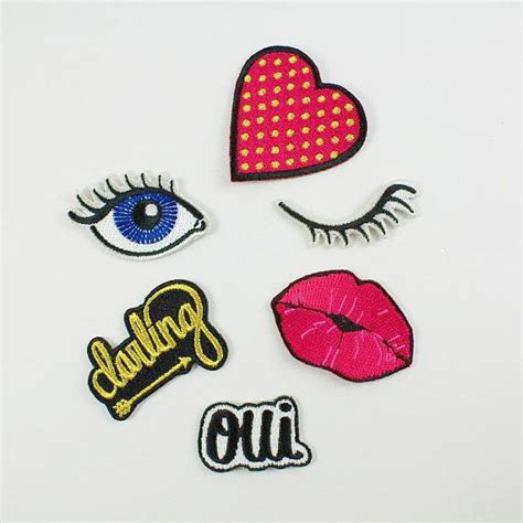 flirty girly patches set of 6 embroidered iron on appliques wink kiss heart darling