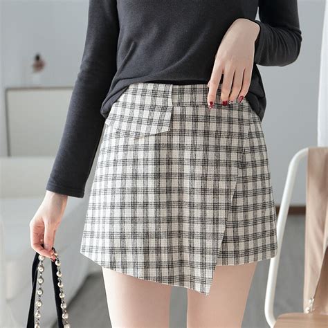 women high waist irregular beige plaid short skirt pantskirt split skirt 2019 in skirts from