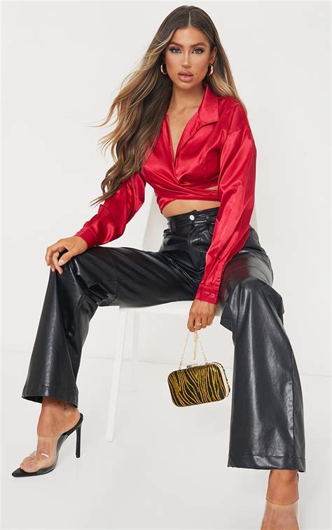 Red Satin Tie Waist Cropped Shirt Tops Prettylittlething Il