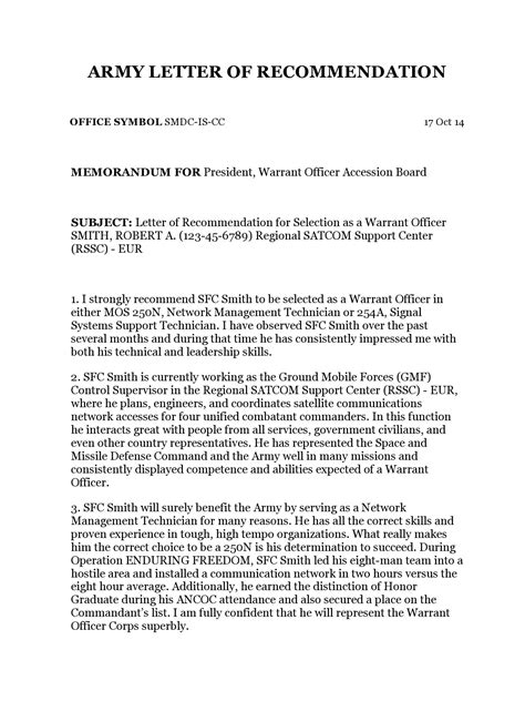 Sample Letter Of Recommendation Us Army Of