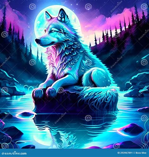 Illustration of a Wolf Sitting on a Rock by the Lake at Night