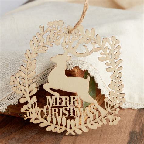 Unfinished Wood Laser Cut Merry Christmas Deer Ornament All Wood