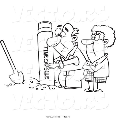 Vector Of A Cartoon Senior Couple Digging Up A Time Capsule Coloring