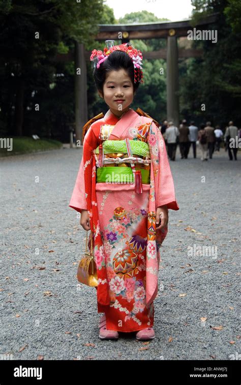 Young Japanese Girl In Kimono Attending Ceremony At Meiji Jingu Stock