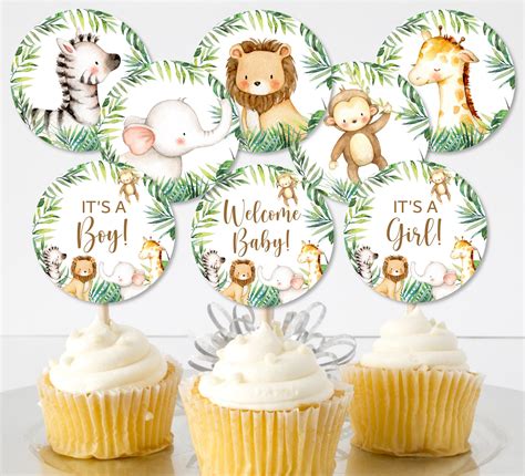 Safari Baby Shower Cupcake Toppers Gender Neutral Jungle Baby
