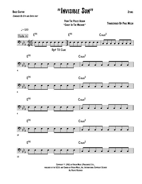 Invisible Sun Arr Accubass Sheet Music The Police Instrumental Solo
