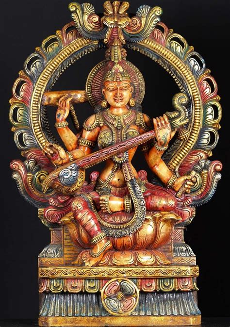 Sold Wooden Hindu Goddess Saraswati 36 65w16c Hindu Gods And Buddha