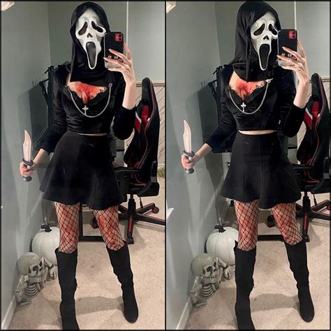 Two Pictures Of A Woman Wearing A Costume And Holding A Cell Phone In Her Hand