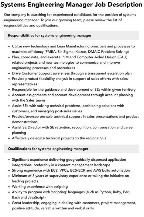 Systems Engineering Manager Job Description Velvet Jobs