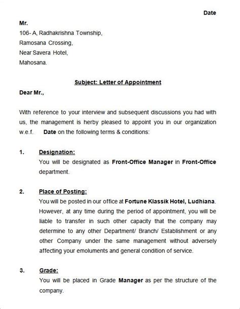 A letter of appointment is a written offer of a specified position in an organization. appointment letter templates free sample example format offer template resume builder throughout ...