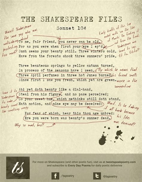 Shakespeare was an amateur poet who took time out from his job as playwright to write poems. The Shakespeare Files: Sonnet 104 (Annotated)