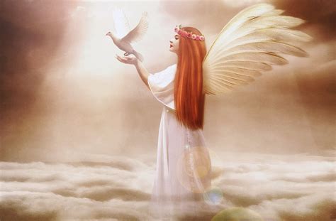 Angels Pigeons Redhead Girl Wings Clouds Fantasy Girls Angel