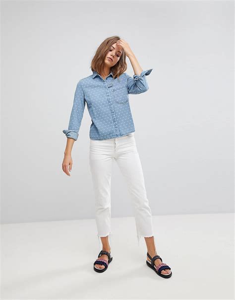 Blue Polka Dot Chambray Denim Shirt White Cropped Jeans Black