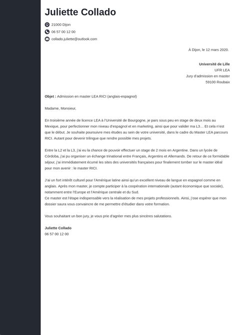 Exemple de lettre de motivation Master (1re & 2e année)