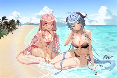 2girls aile crossroads barefoot beach blue hair blush breast hold breasts cat smile cleavage