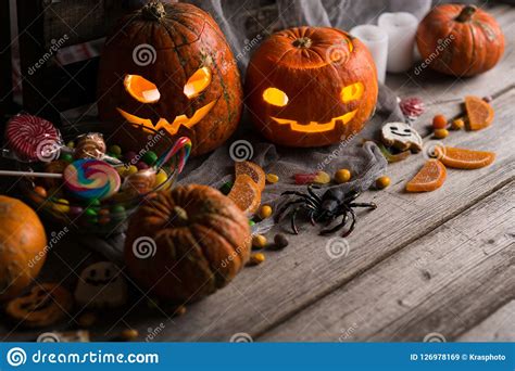 Halloween Pumpkins With Glowing Eyes Spiders Horror