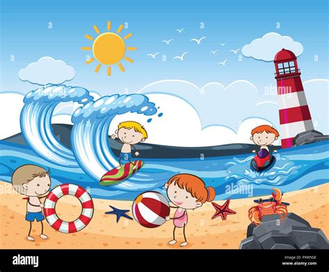 Los Niños Con Actividades En La Playa En Día Soleado Ilustración Imagen