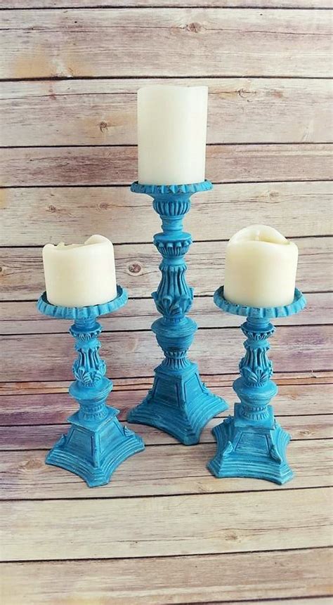 Candle Holders Set Of Three Ornate Pillar Turquoise Acanthus Etsy