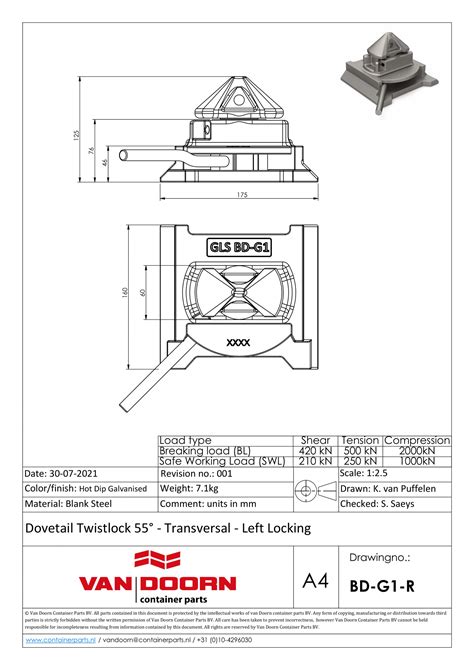 Bd G1 R Dovetail Bottom Twistlock 55° Transversal Right Handed Locked • Van Doorn Containerparts