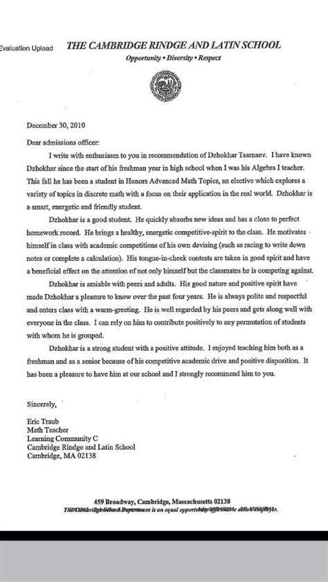 A math teacher recommendation letter can be for a teacher at any grade level including elementary, middle or high school. Kelley Tuthill on Twitter: "#Tsarnaev college recommendation letter. Math teacher testified he ...