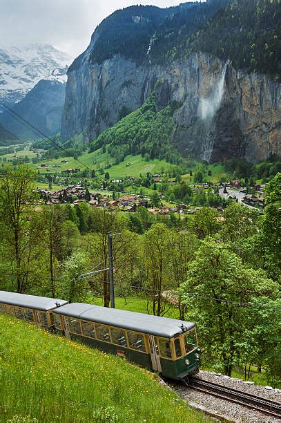 Jungfrau And Train Wengen Alpine Village Lauterbrunnen Valley Swiss