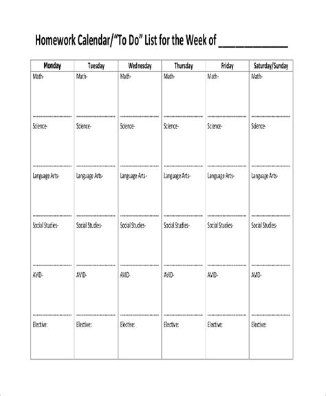 Free 8 Sample Homework Calendar Templates In Ms Word Pdf