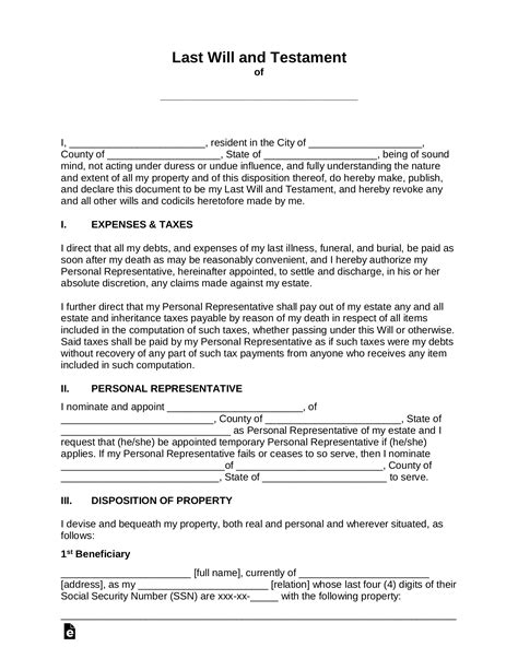 Free Last Will And Testament Templates Will Pdf Word Eforms