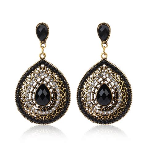 Pair Black Vintage Drop Earrings For Women Ethnic Resin Multicolor