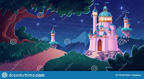 Pink Magic Castle Princess Fairy Palace At Night Stock Vector