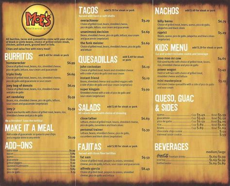 I like most of their menu items, the three amigos tacos, the earmuffs bowls, the homewrecker and joey bag of donuts burritos, but what i like best is the wrong doug crunch wrap. Menu at Moe's Southwest Grill restaurant, Tamarac, W Commercial Blvd