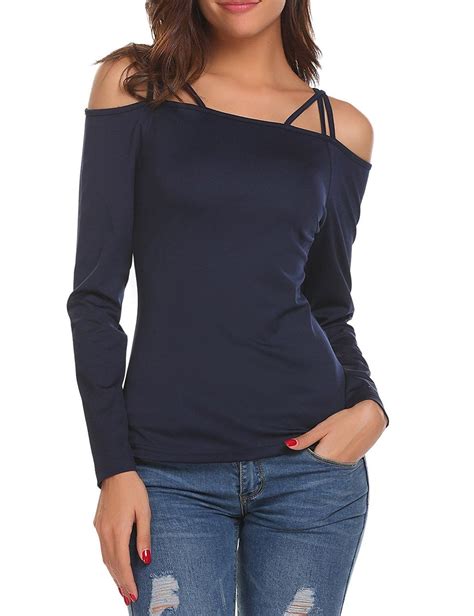 Women Sexy Strappy Cold Shoulder Long Sleeve Solid Slim Fit T Shirt Tops Navy Blue