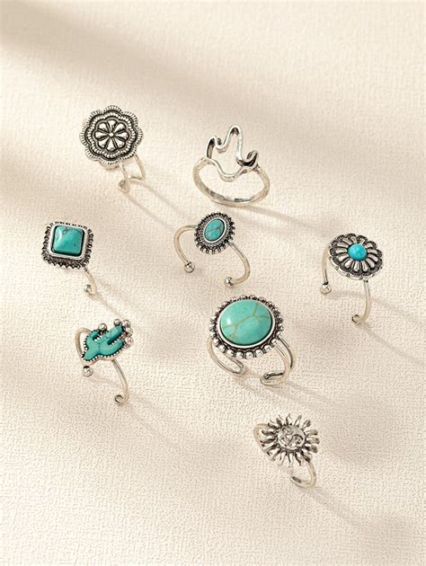 Pcs Western Turquoise Jewelry Cactus Sunburst Detail Rings Set For