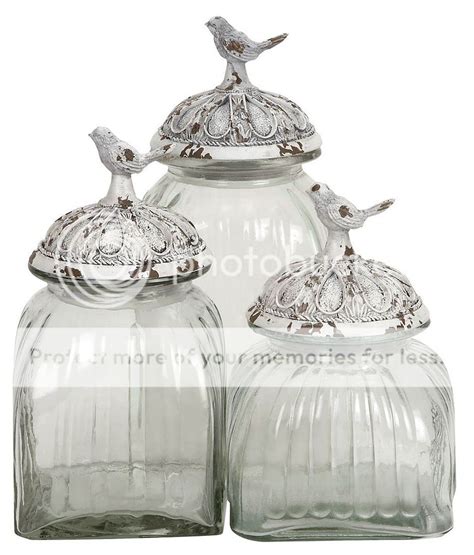 Set Of 3 Decorative Glass Jars With Polystone Bird Lid Clear Kitchen Canisters Ebay
