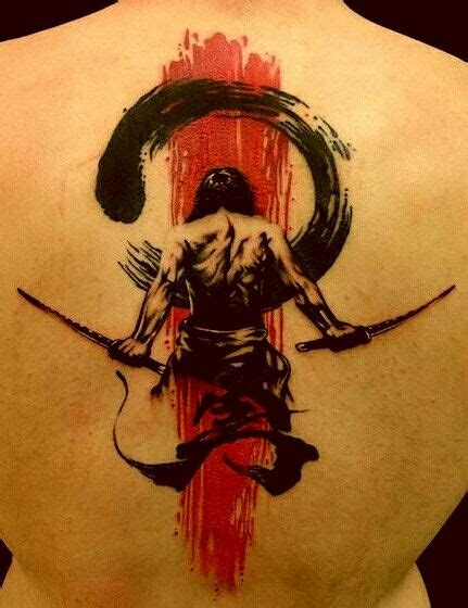 The Back Of A Man With A Tattoo On His Shoulder And Two Swords In Front