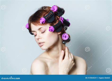 Pretty Woman With Curlers On Her Head Hairstyle Naked Shoulders Makeup Stock Image Image Of