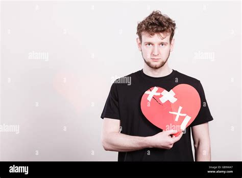 Heart Broken Concept Unhappy Sad Man Guy Holding Glued On Love Sign